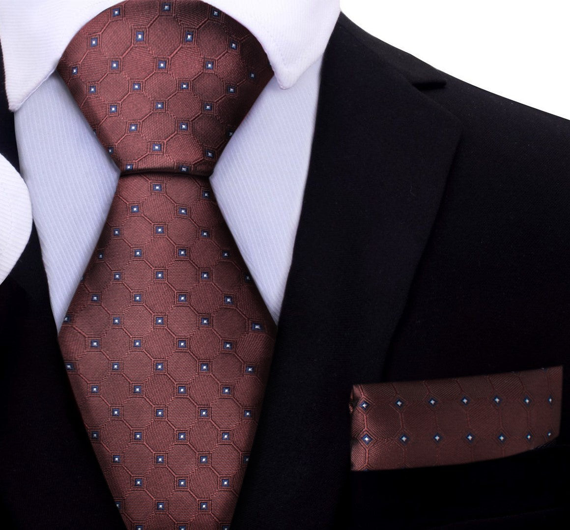 A Brown, Black, White Geometric Texture With Small Black, White Checks Silk Necktie, Pocket Square