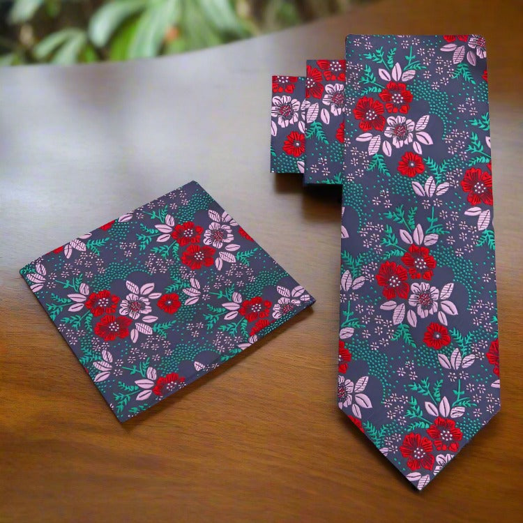 Alt View; Red, Green, Pink Floral Tie and Pocket Square