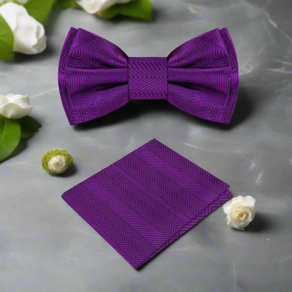 A Classy Purple Solid Pattern Self Tie Bow Tie, Matching Pocket Square