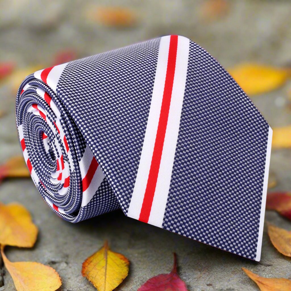 Dark Blue, White, Red Dapper Stripe Tie