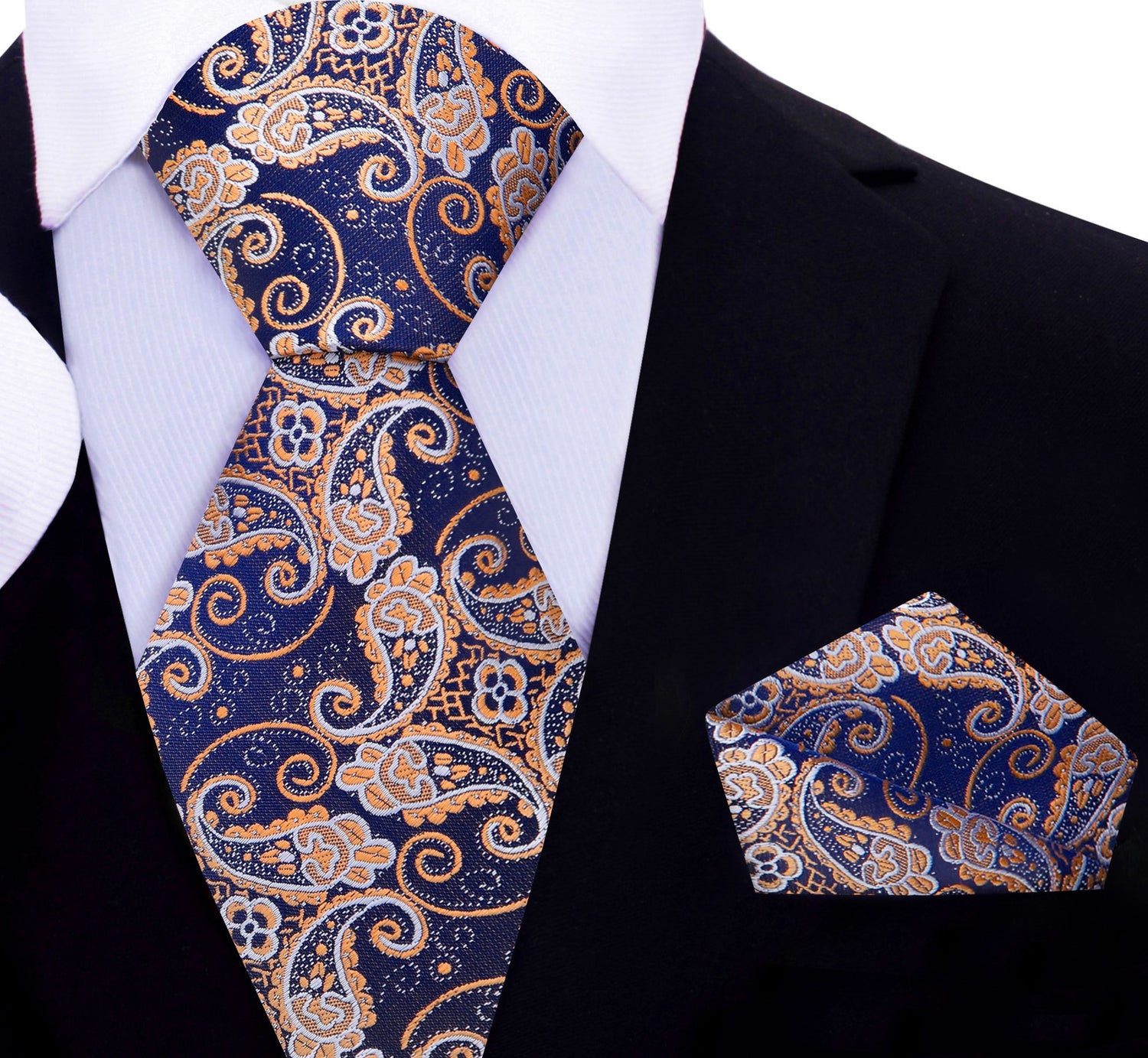 A Deep Blue, Tan Paisley Pattern Necktie, Matching Pocket Square