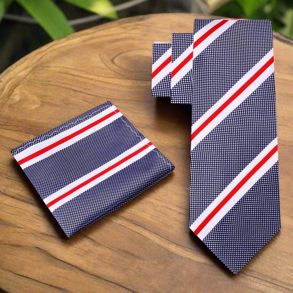 Alt View: Dark Blue, White, Red Dapper Stripe Tie and Pocket Square
