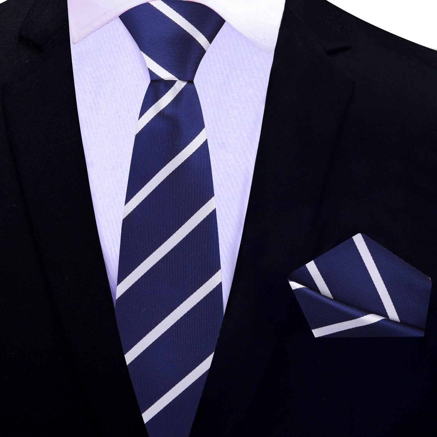 Dark Blue White Striped Necktie for Business and Formal Events Necktie & Matching Square / Regular (60") / 3.25" Inches Dark Blue White Striped Necktie for Business and Formal Events Necktie & Matching Square / Regular (60") / 3.25" Inches