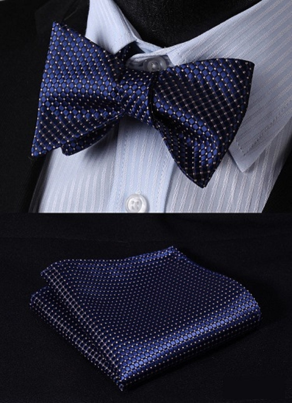 A Dark Blue Small Geometric Diamond With Small Dots Pattern Self Tie Bow Tie With Matching Pocket Square with White Dots