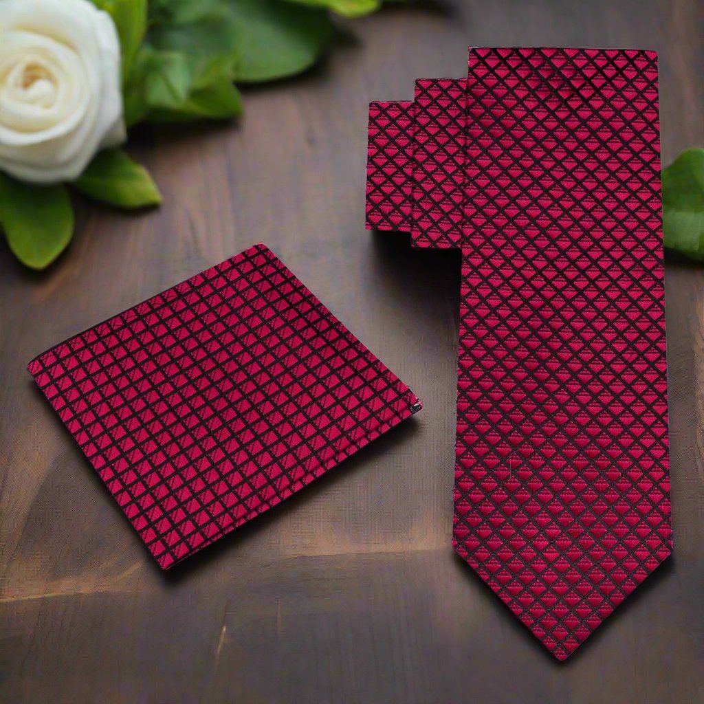 Alt View: A Burgundy, Black Small Check Pattern Silk Necktie, Matching Pocket Square