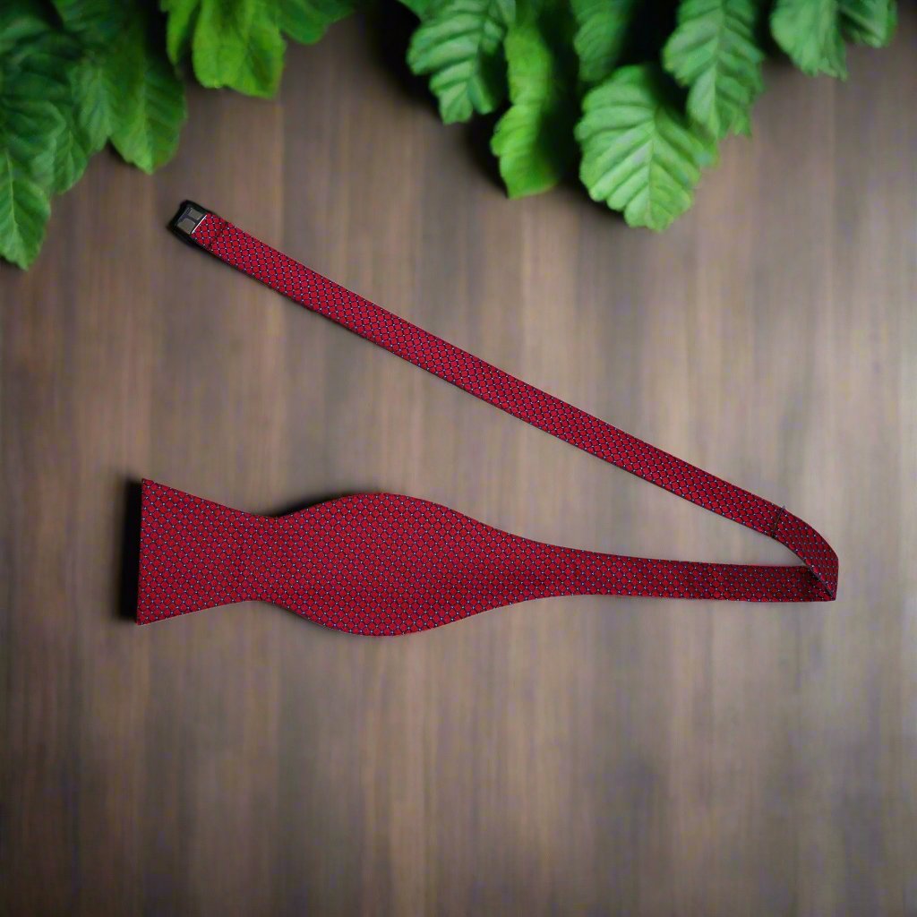 Self Tie Bow Tie: A Burgundy Small Geometric Diamond With Small Dots Pattern Silk Self Tie Bow Tie
