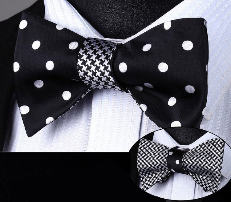 A Black, White Hounds tooth and Polka Pattern Silk Self Tie Bow Tie