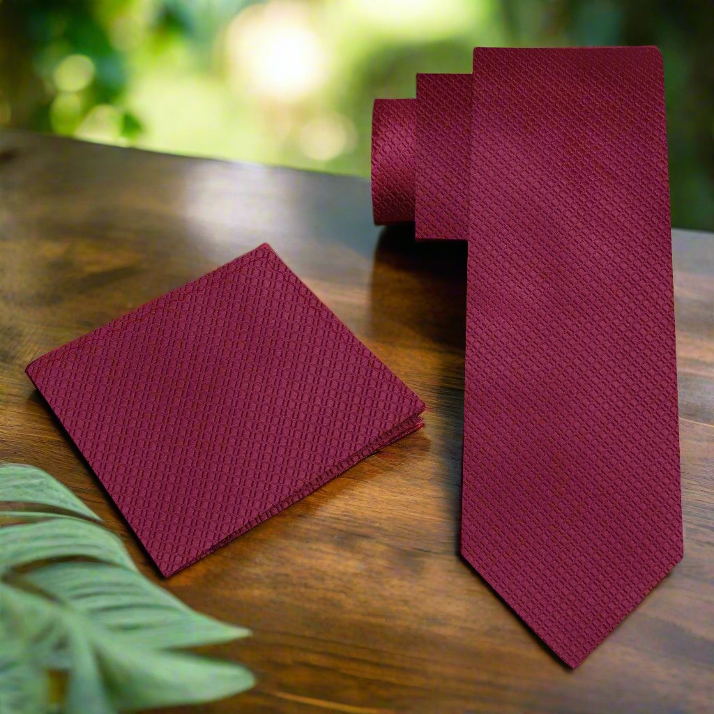 Alt View: Solid Red Texture Tie and Pocket Square