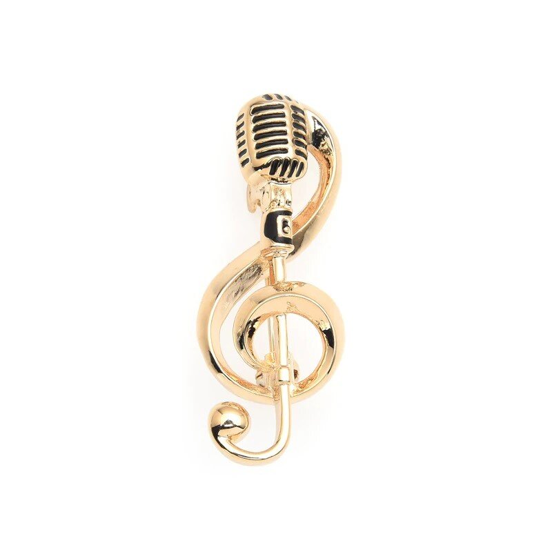 A Gold Colored Lapel Pin Shaped Like A Music Note With A Microphone