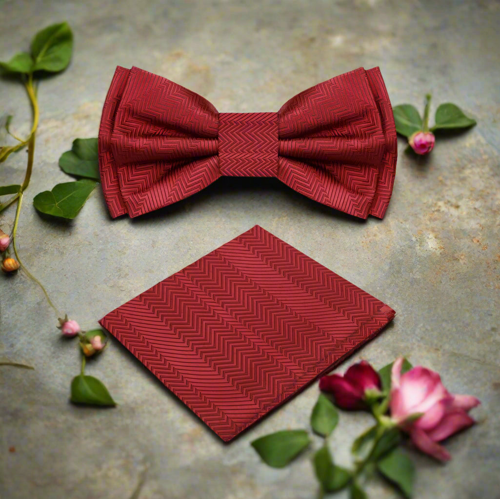 A Garnet Red Solid Pattern Self Tie Bow Tie, Matching Pocket Square||Garnet Red