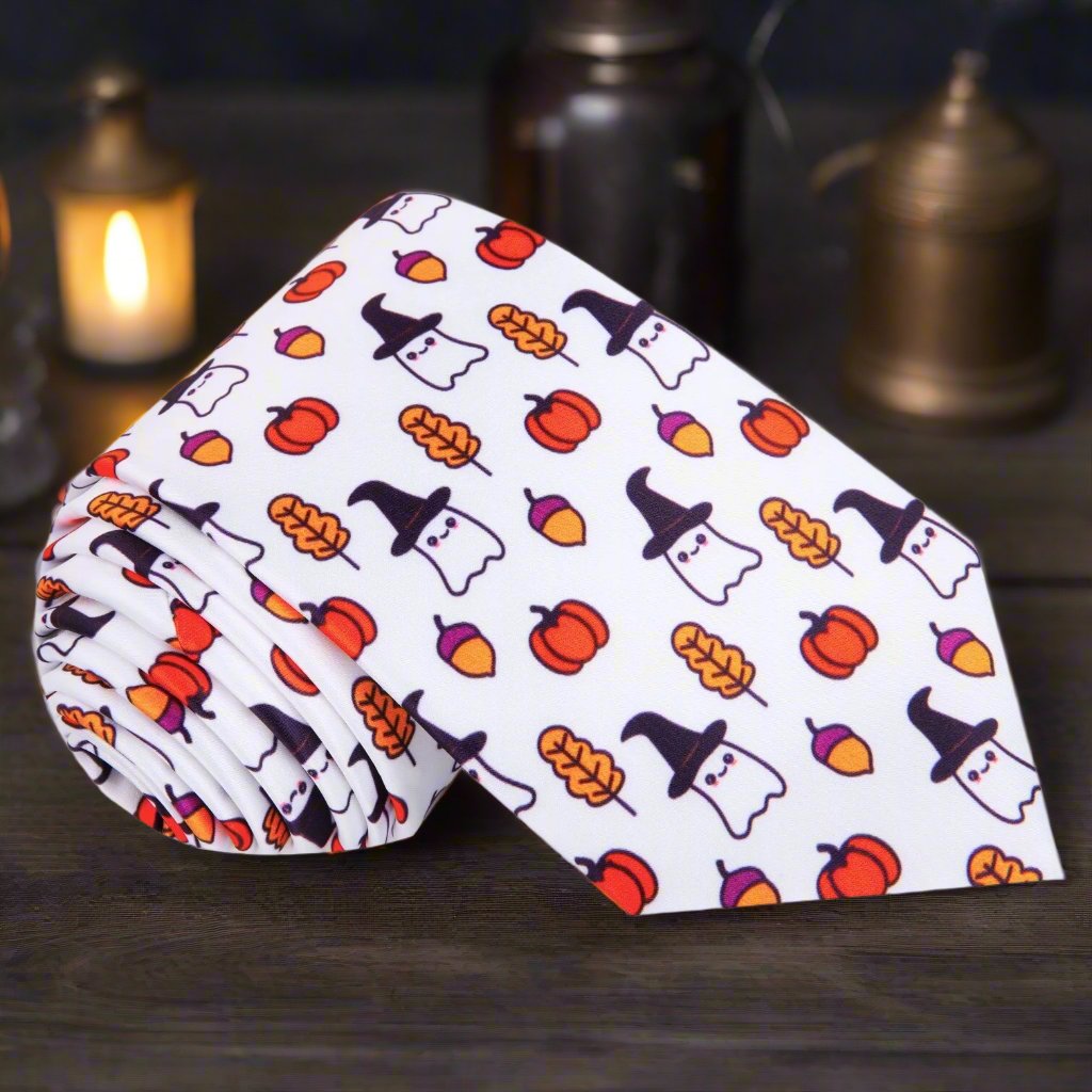 Halloween Icons Necktie in White, Orange & Black | Fall Pattern