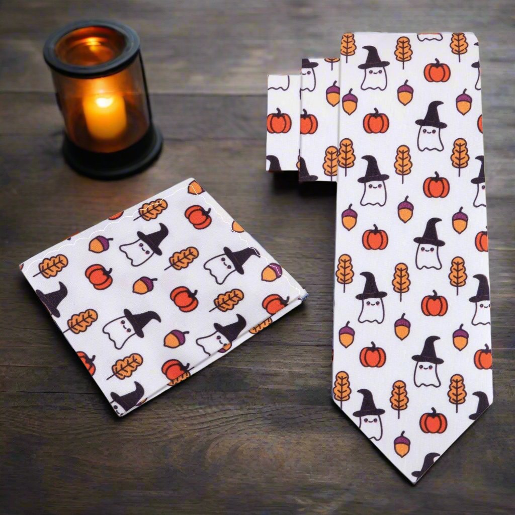 Alt View: White, Orange, Black Ghost/Witch, Pumpkin, Acorn, Fall Leaf Tie And Pocket Square
