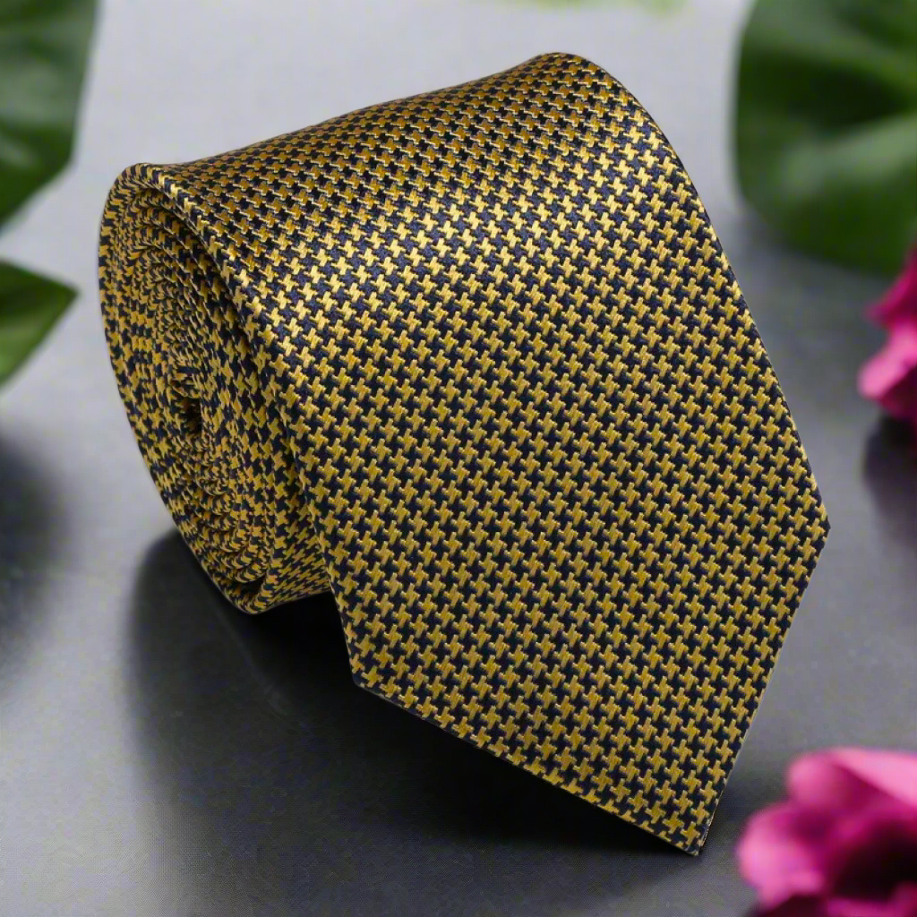 Gold and Blue Hounds Tooth Necktie