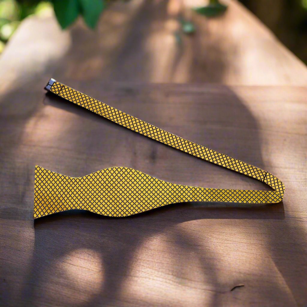 Self Tie: A Gold Small Geometric Diamond With Small Dots Pattern Silk Self Tie Bow Tie