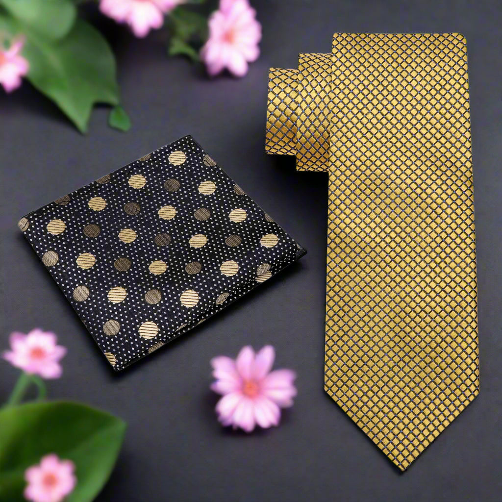 Alt View: Gold Geometric Necktie with Black Gold Polka Square