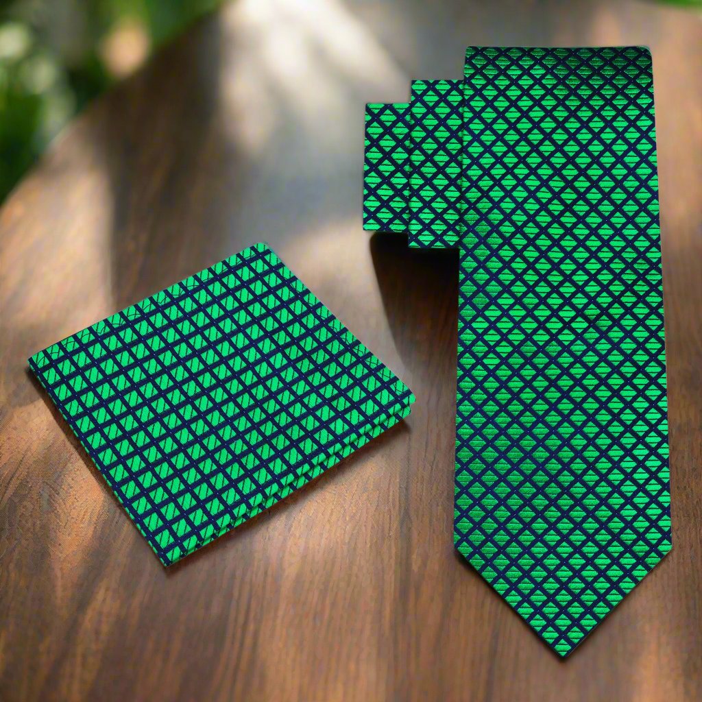 Alt View: A Green, Black Small Check Pattern Silk Necktie, Matching Pocket Square