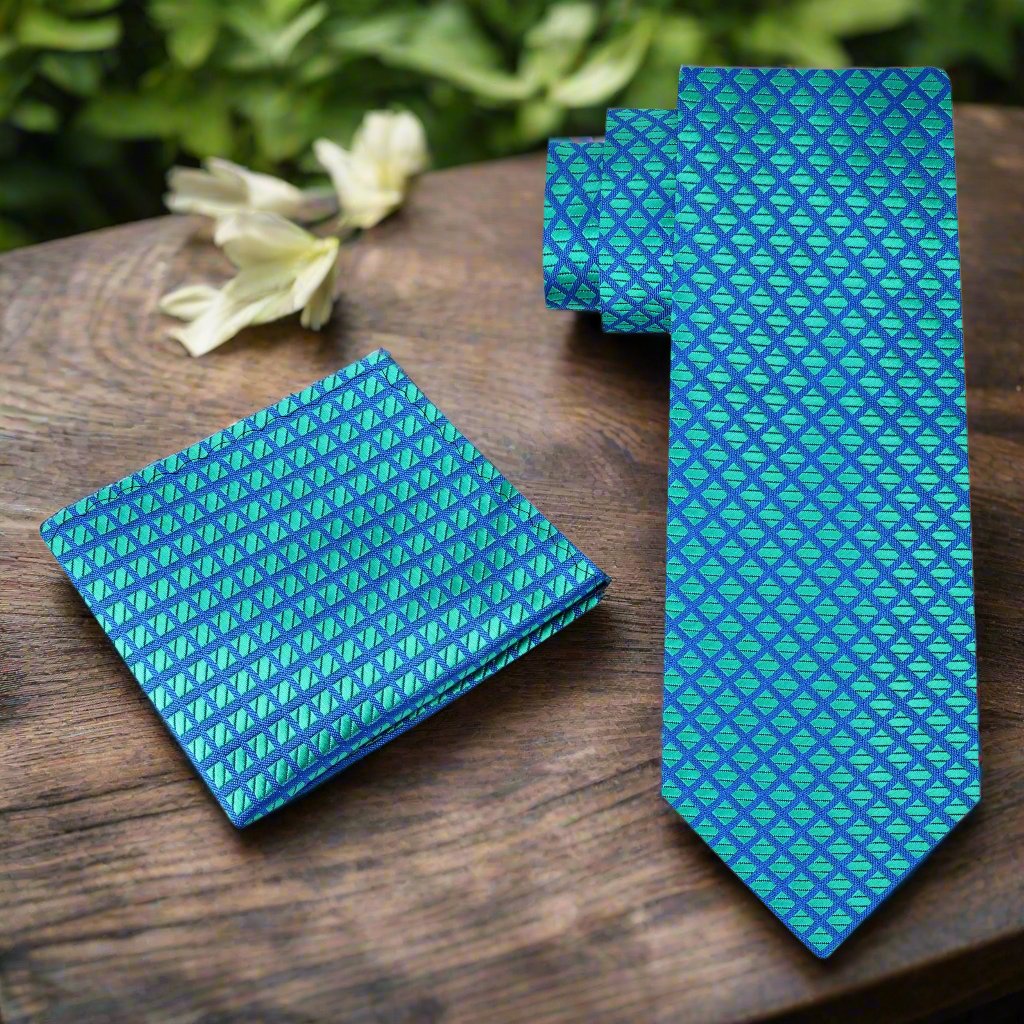 Alt View: A Teal, Blue Small Check Pattern Silk Necktie, Matching Pocket Square