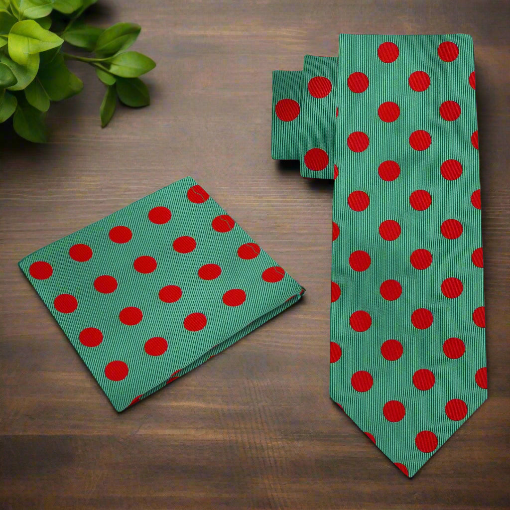 Alt View: A Green, Red Polka Dot Pattern Necktie, Matching Pocket Square