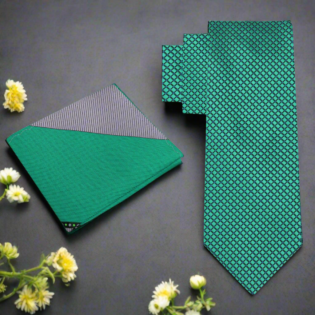 Alt View: Green Geometric Tie with Grey and Green Abstract Square