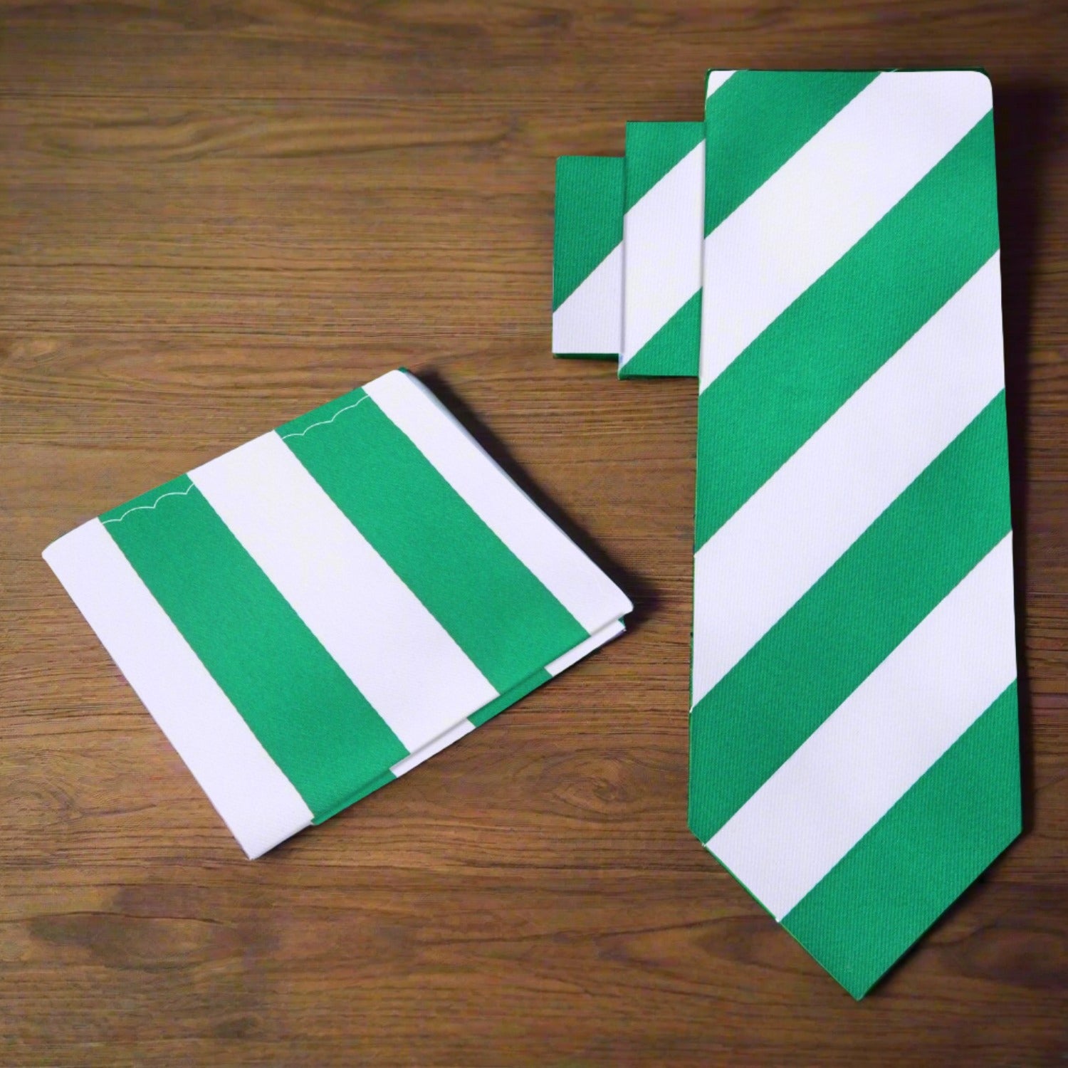 View 2: Green, White Block Stripe Tie and Square