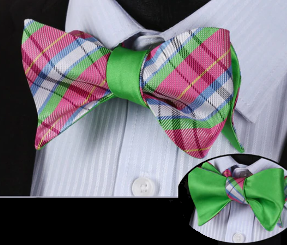 A Green, Pink Plaid Pattern Silk Self Tie Bow Tie