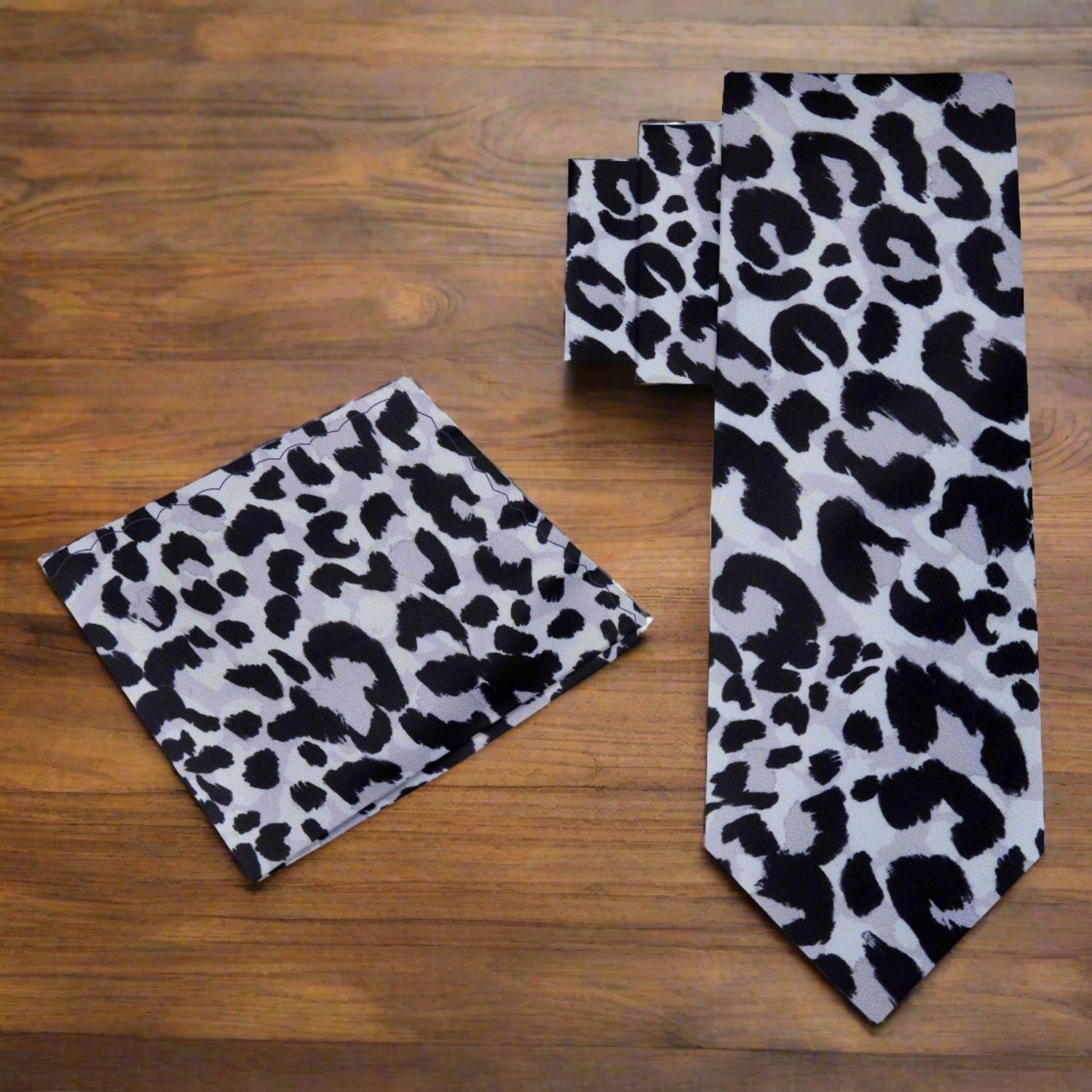 Alt View: Grey and Black Cheetah Tie and Pocket Square