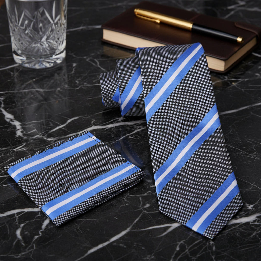 Alt View: Grey, Baby Blue and White Stripe Tie and Square