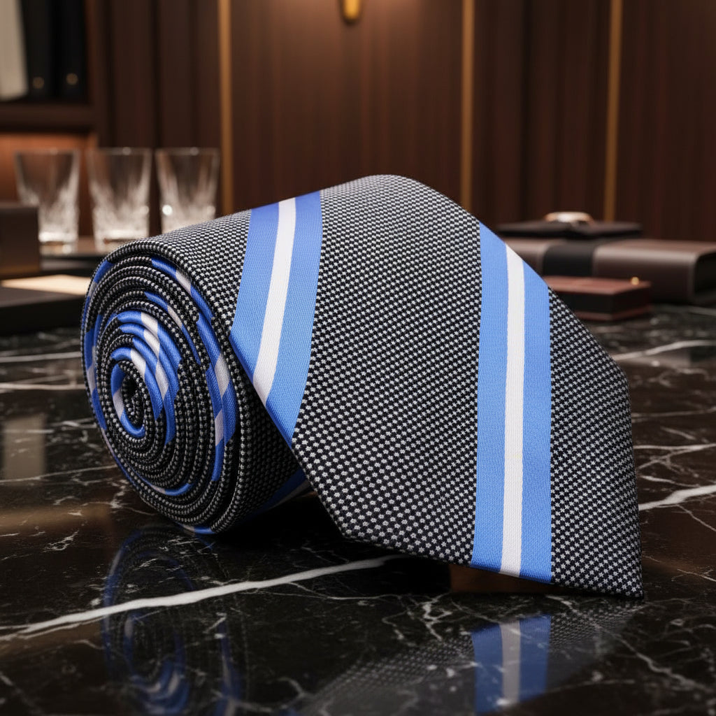 Grey, Baby Blue and White Stripe Tie