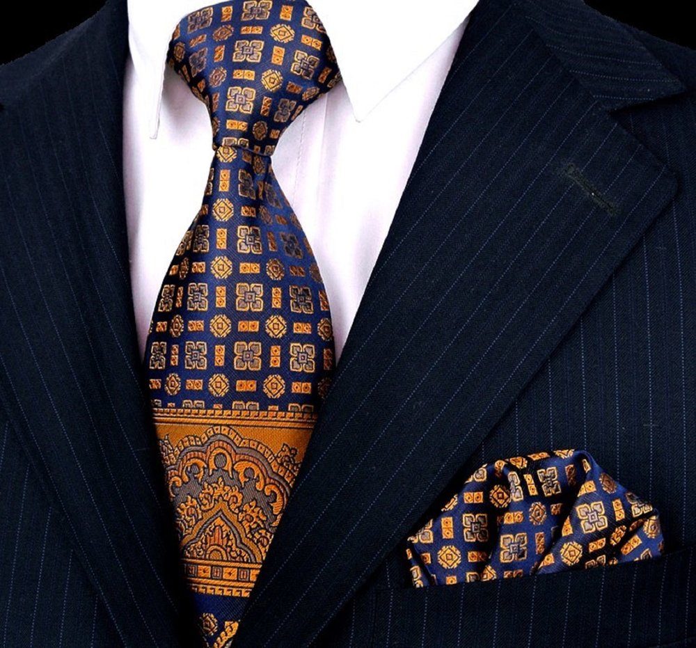 A Dark Blue, Copper Abstract Large Crest With Small Burst and Checks Pattern Silk Necktie, Pocket Square and Cuff-links.||Deep Dark Blue, Copper