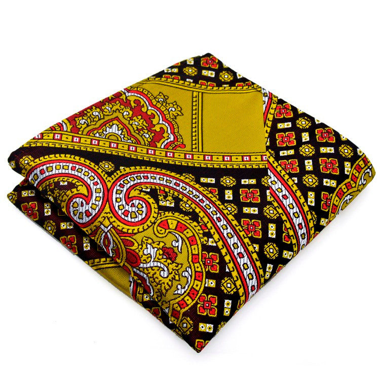 A Yellow, Copper Abstract Large Crest With Small Burst and Checks Pattern Silk Pocket Square