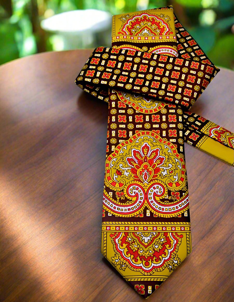 A Yellow, Copper Abstract Large Crest With Small Burst and Checks Pattern Silk Necktie, Pocket Square and Cuff-links.