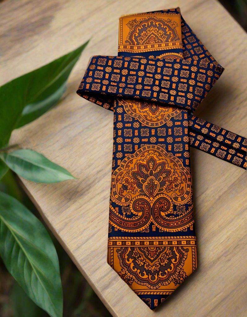 A Dark Blue, Copper Abstract Large Crest With Small Burst and Checks Pattern Silk Necktie