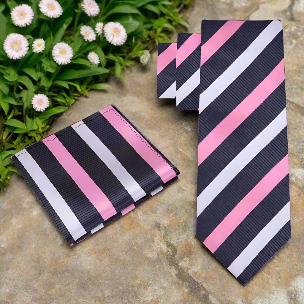 Alt View: Pink, White and Grey Stripe Tie and Pocket Square