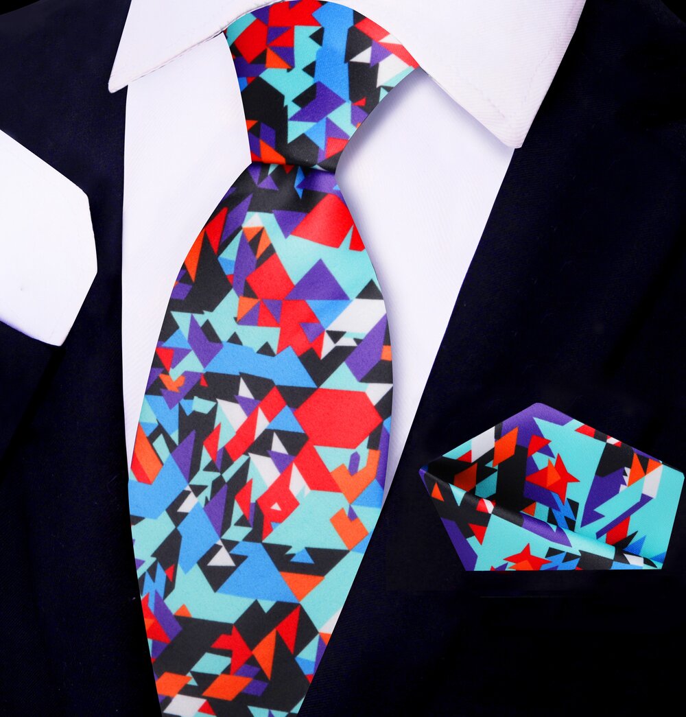 Multi Color Abstract Shapes Tie and Pocket Square