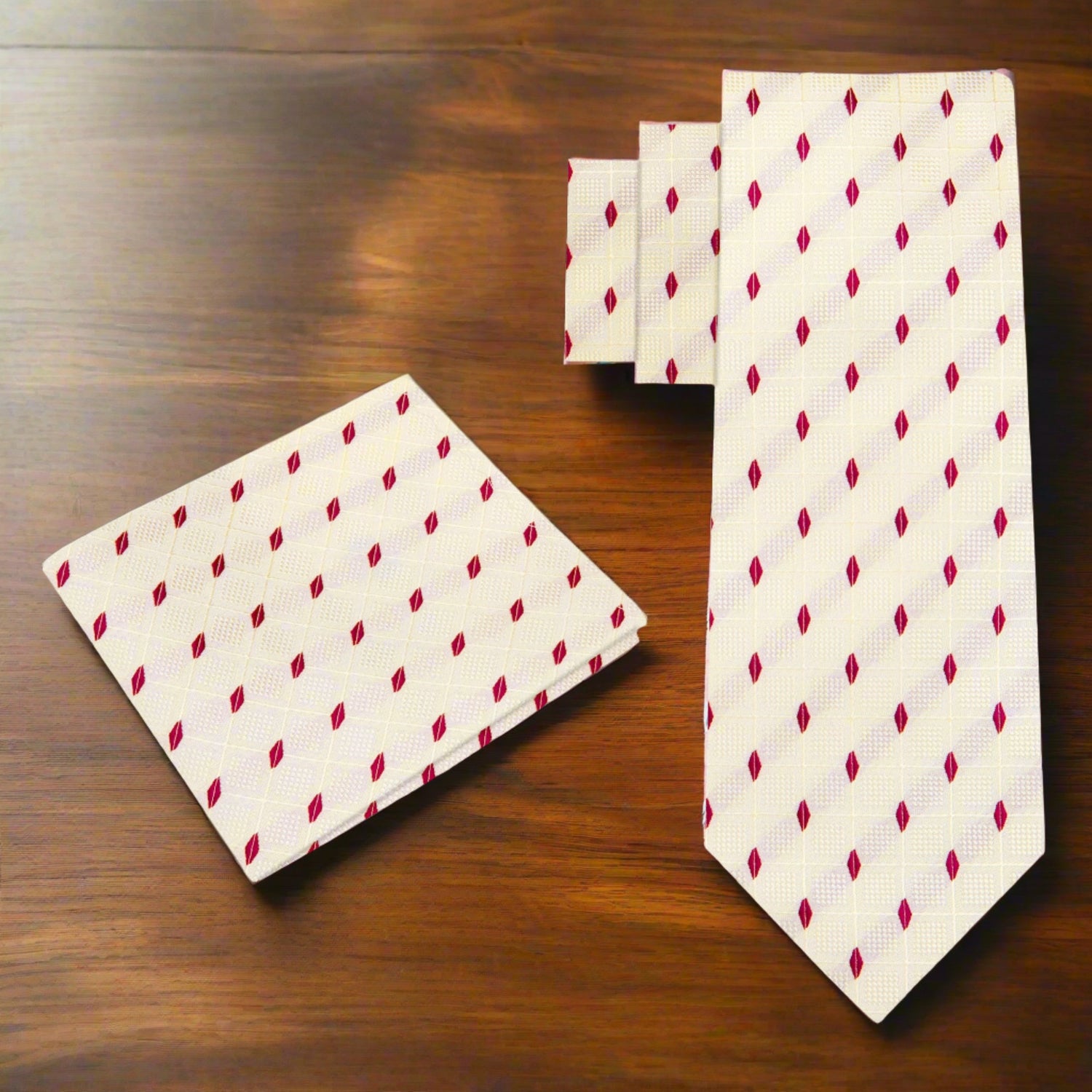 Alt View: Ivory and Crimson Geometric Tie and Pocket Square