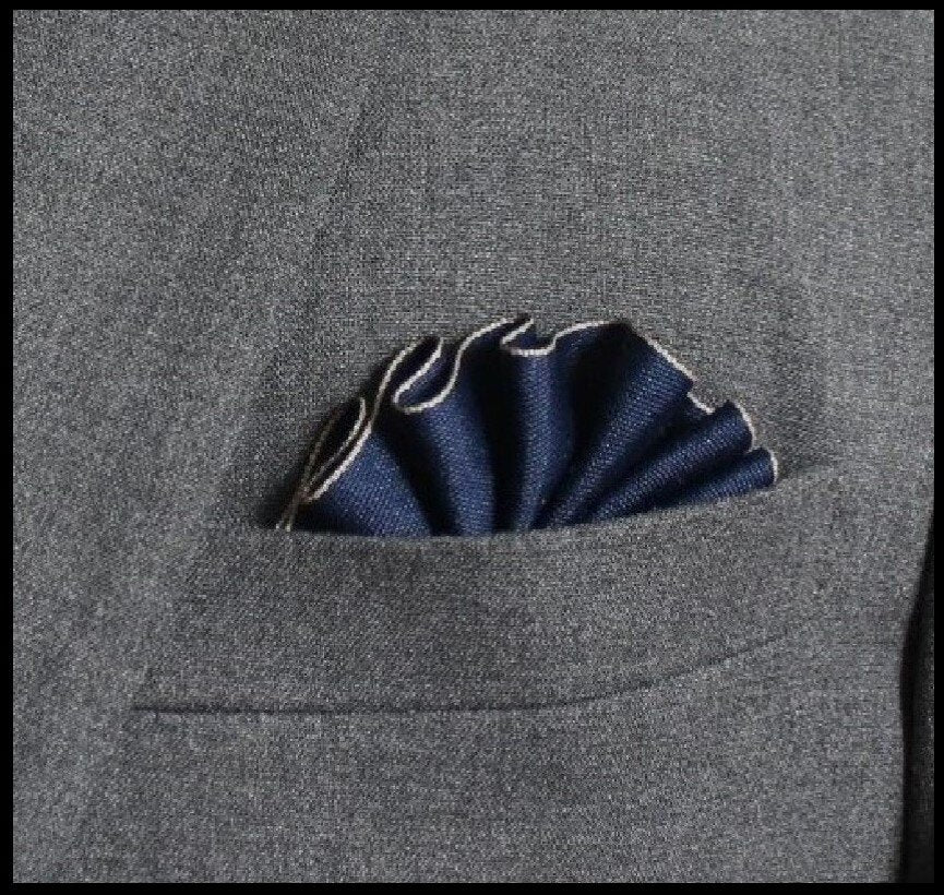 A Blue with Grey Edges Pocket Square Lapel Pin||Blue with Grey Edges