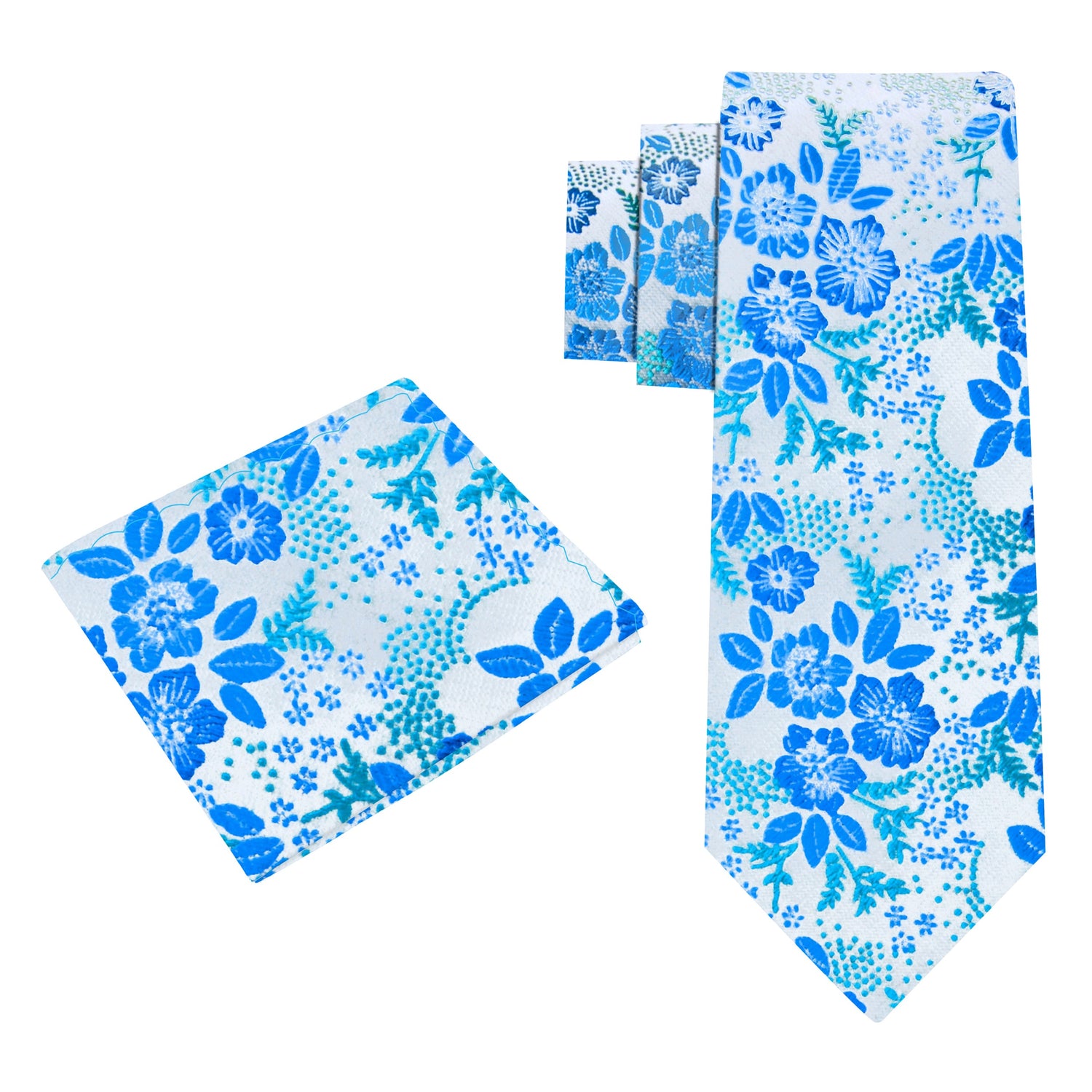 Alt View: A Light Blue, Green, Blue Floral Pattern Necktie With Matching Pocket Square 