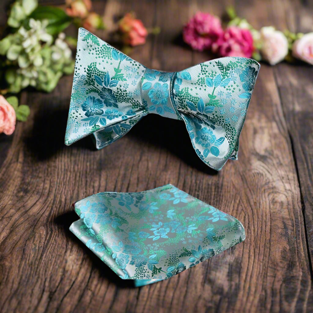 Teal, Green, Blue Floral Bow Tie and Pocket Square