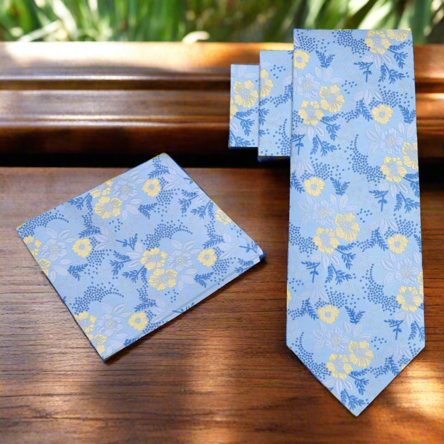 Alt View: Light Blue, Blue, Light Yellow Floral Tie and Pocket Square