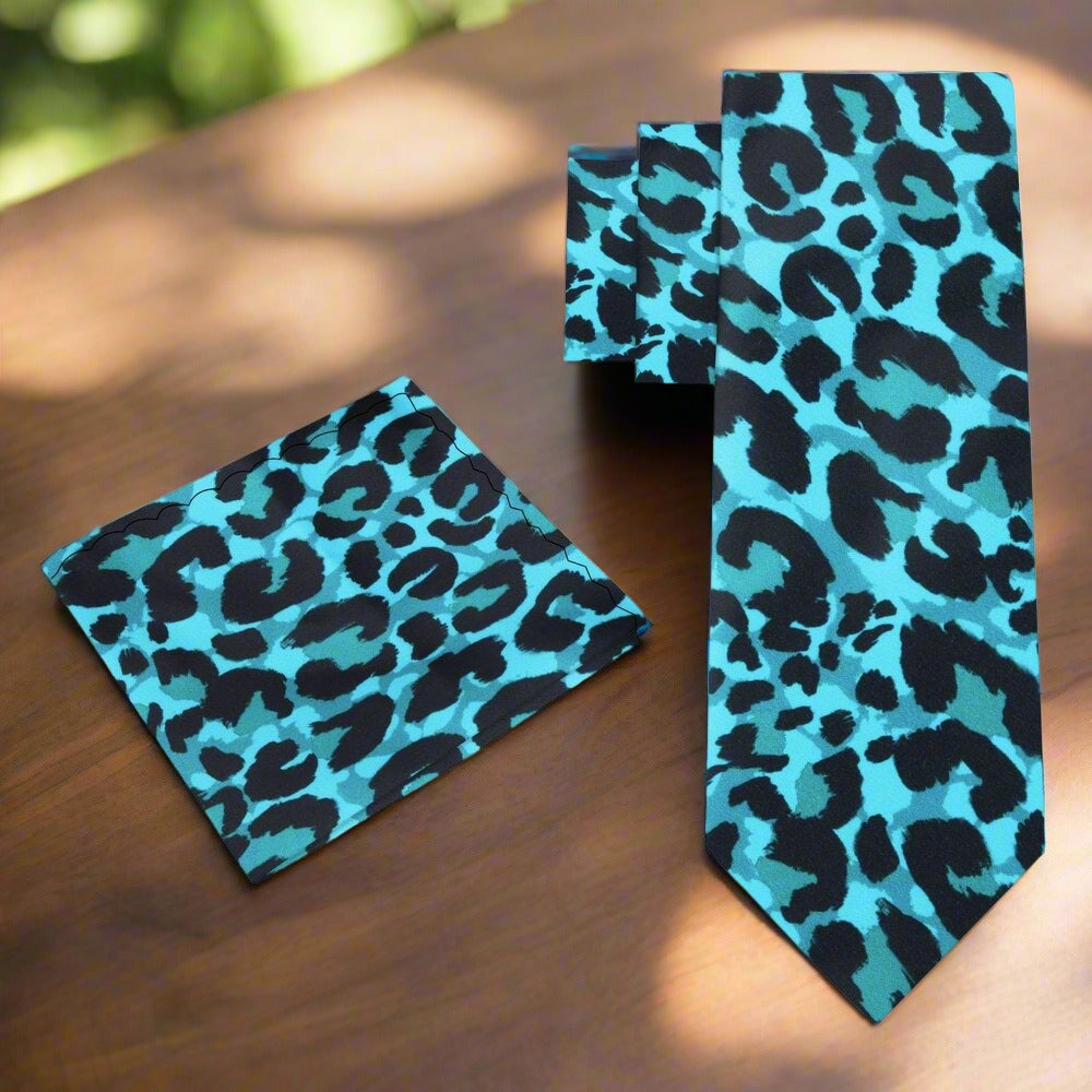 Alt View: Light Blue, Black Cheetah Tie and Square