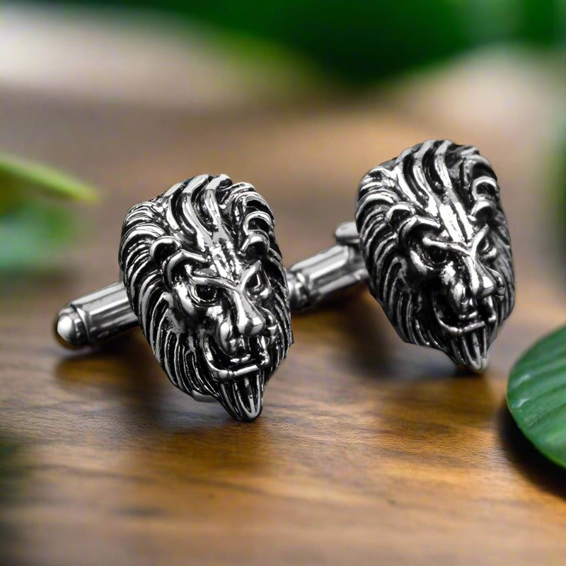 A Chrome, Black Color With Lion Head Shape Cuff-links||Chrome, Black