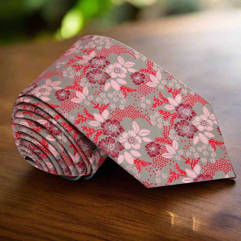Barely Olive, Red, Burgundy Floral Tie||Barely Olive/Red