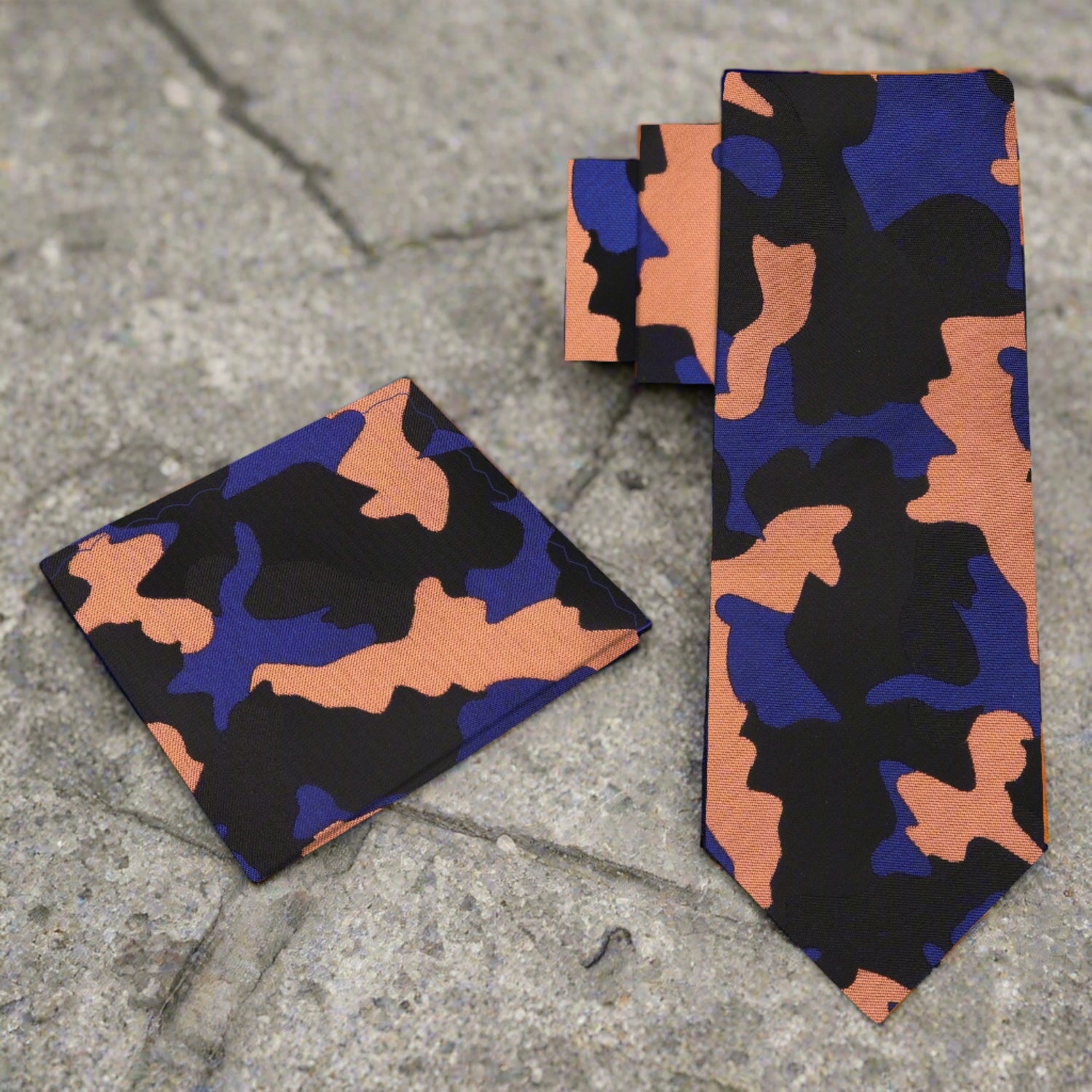 Alt View: A Orange, Blue, Black Color Camouflage Fleck Pattern Necktie, Matching Pocket Square