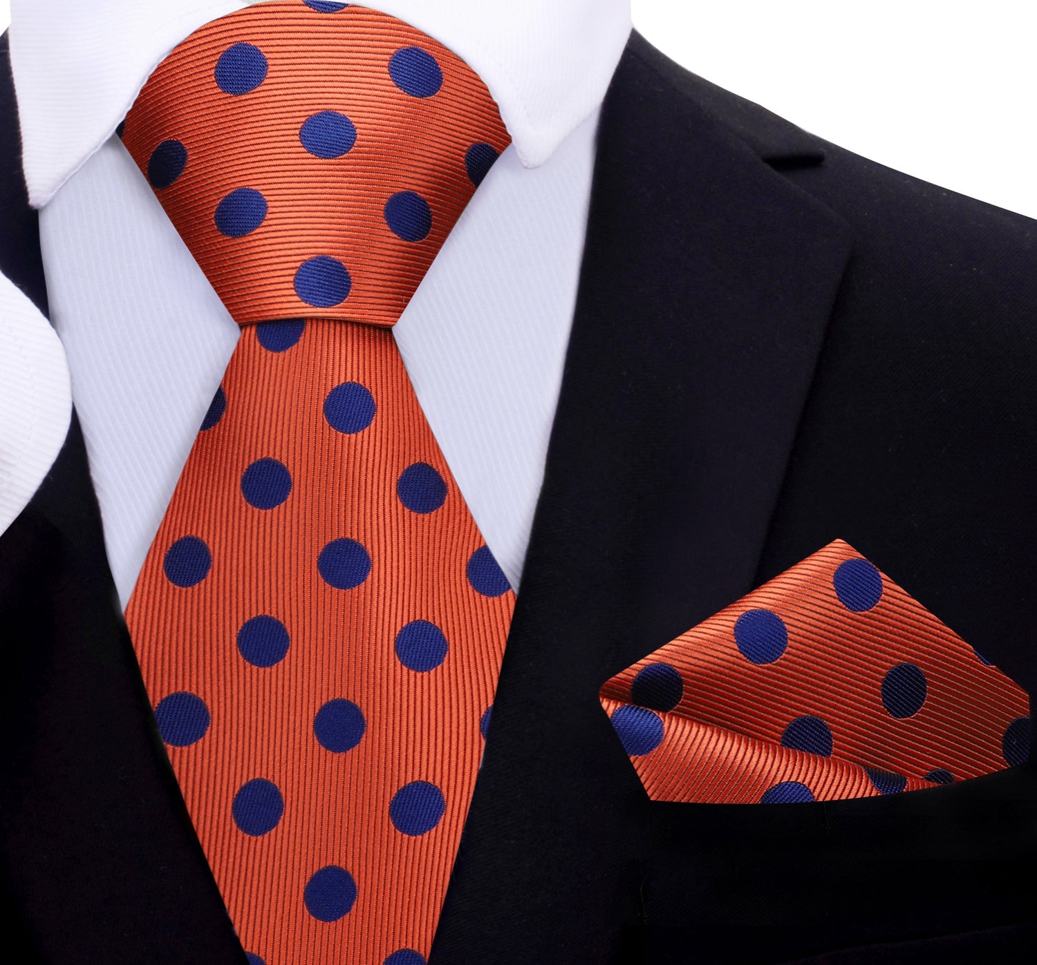 A Orange, Blue Polka Dot Pattern Silk Necktie, Matching Pocket Square