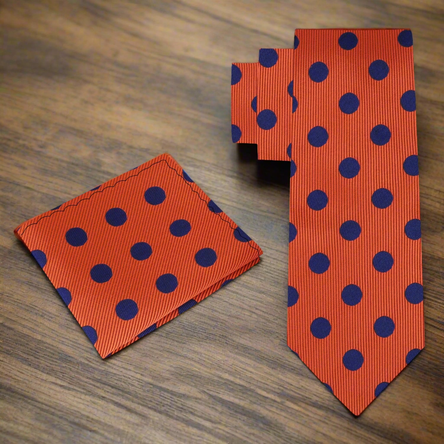 Alt View: A Orange, Blue Polka Dot Pattern Silk Necktie, Matching Pocket Square