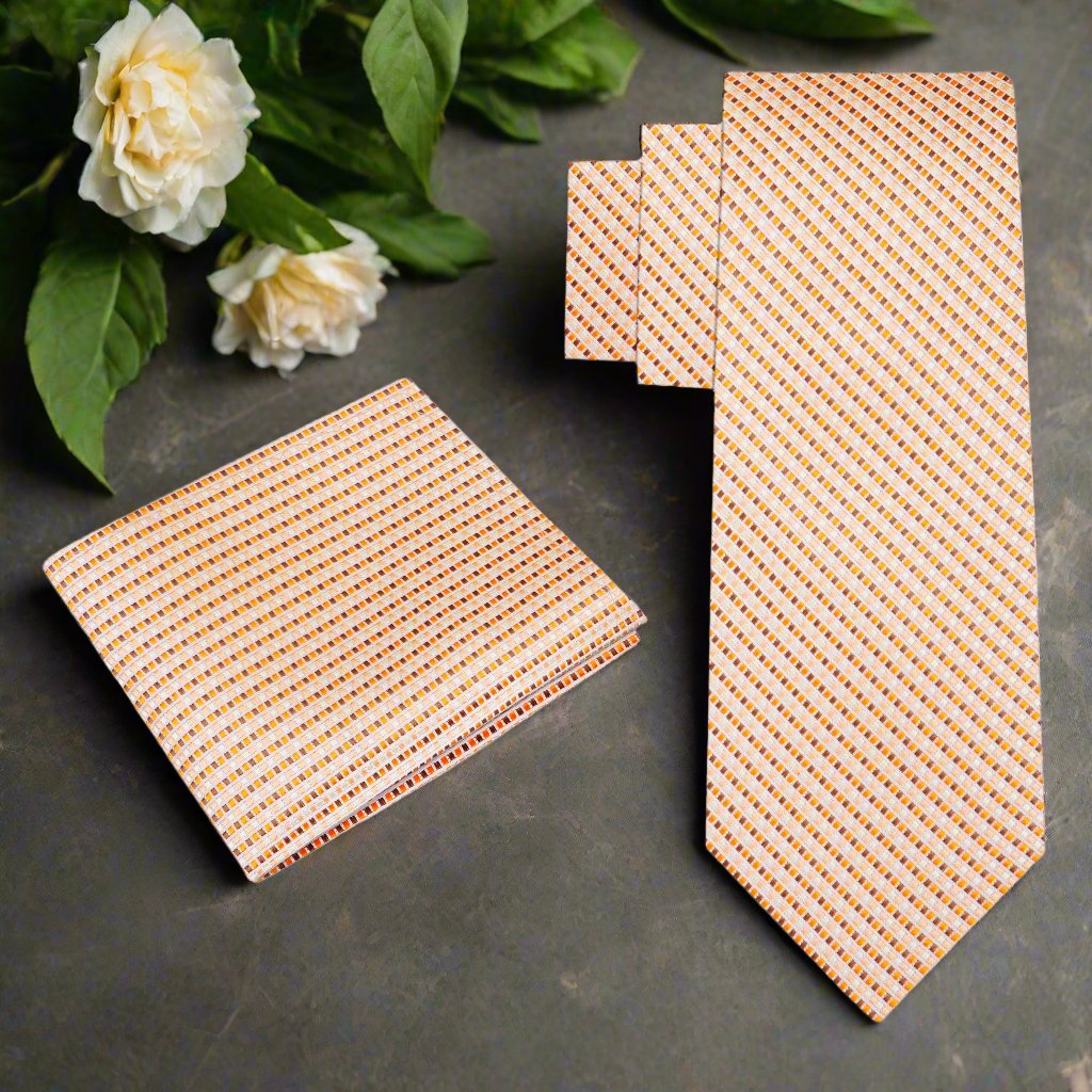 Alt View: Khaki, Brown, Orange Geometric Metallic Perfection Tie and Pocket Square