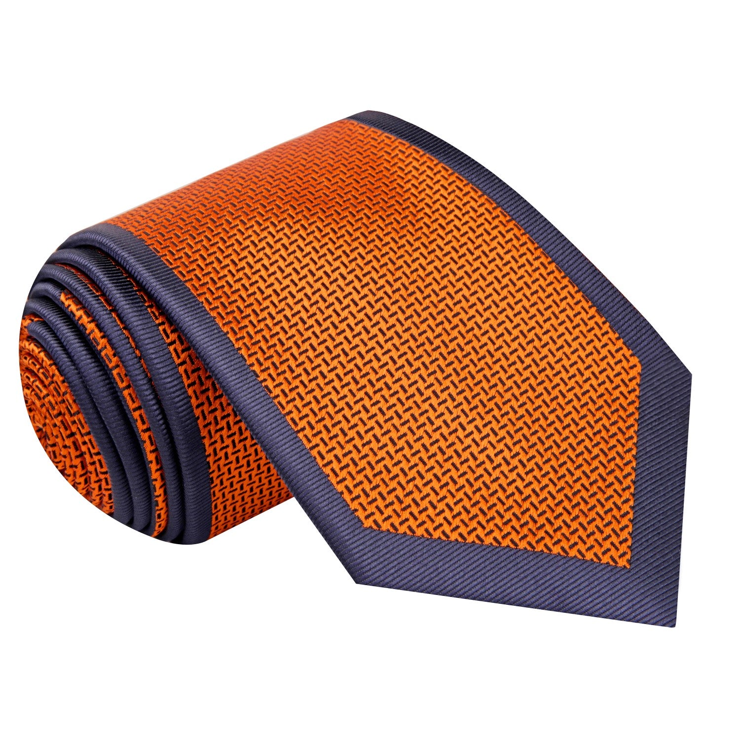 Orange with Crosshatch texture and grey border pattern silk necktie  