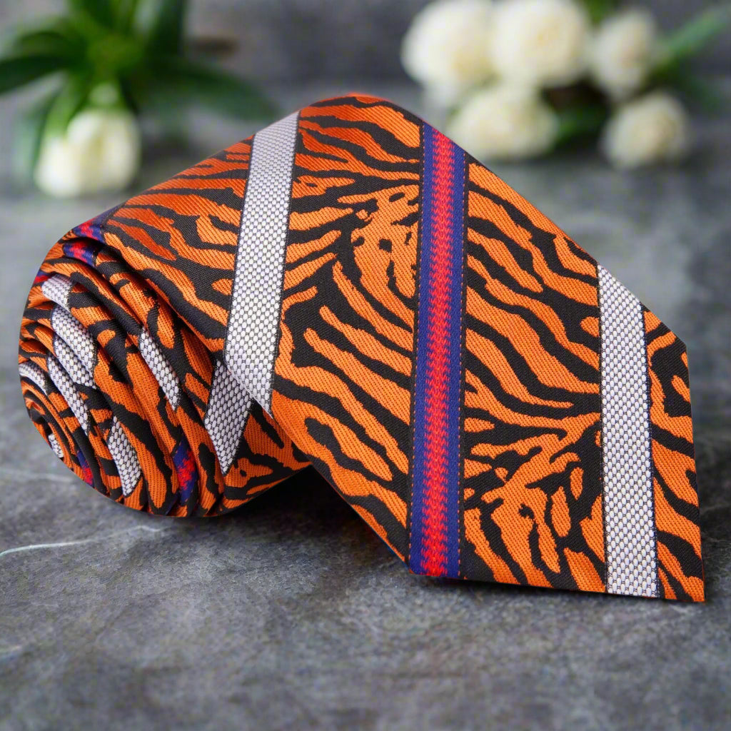 Orange, Black, Red Tiger Stripe Tie