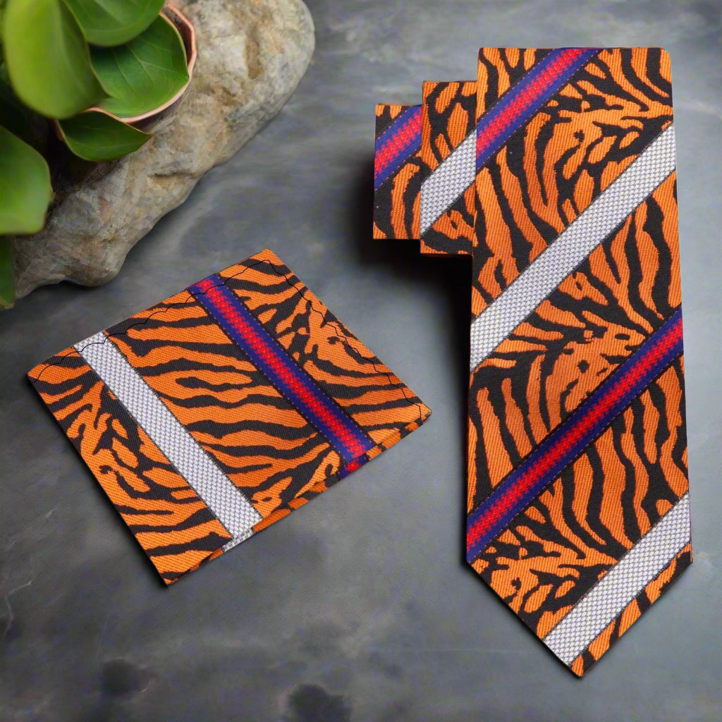Alt View Orange, Black, Red Tiger Stripe Tie and Pocket Square