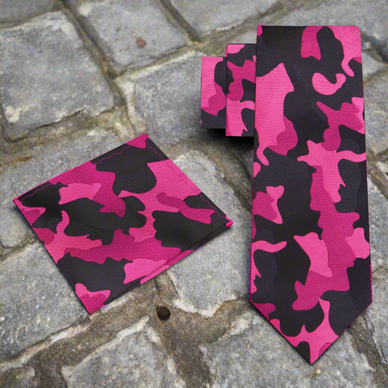 Alt View: A Pink, Dark Pink, Black Color Camouflage Fleck Pattern Necktie, Matching Pocket Square